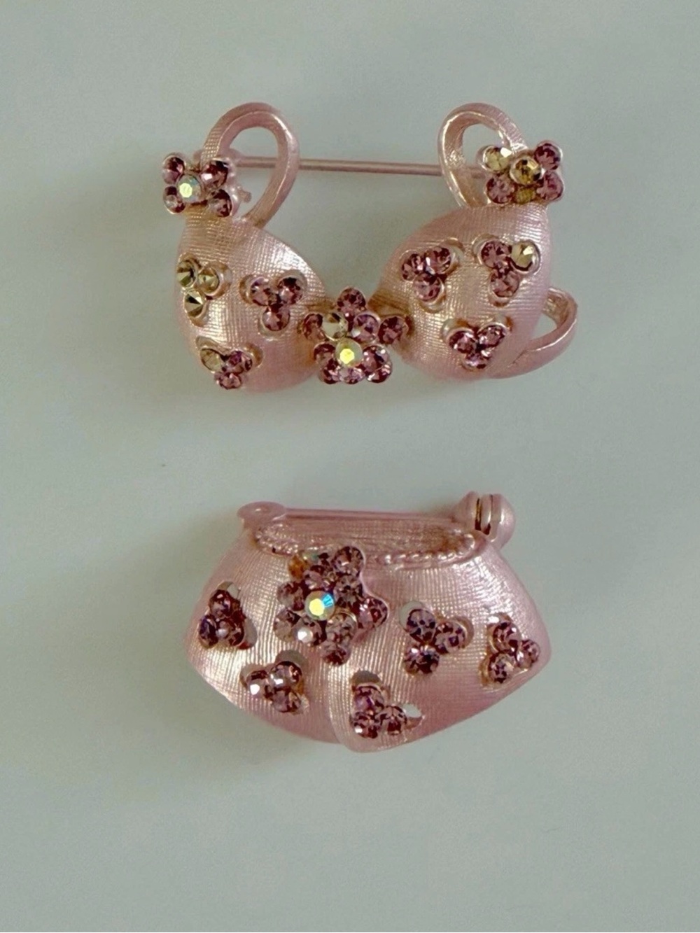 Vintage Bikini Purple Pink Rhinestone Brooch Pin Set